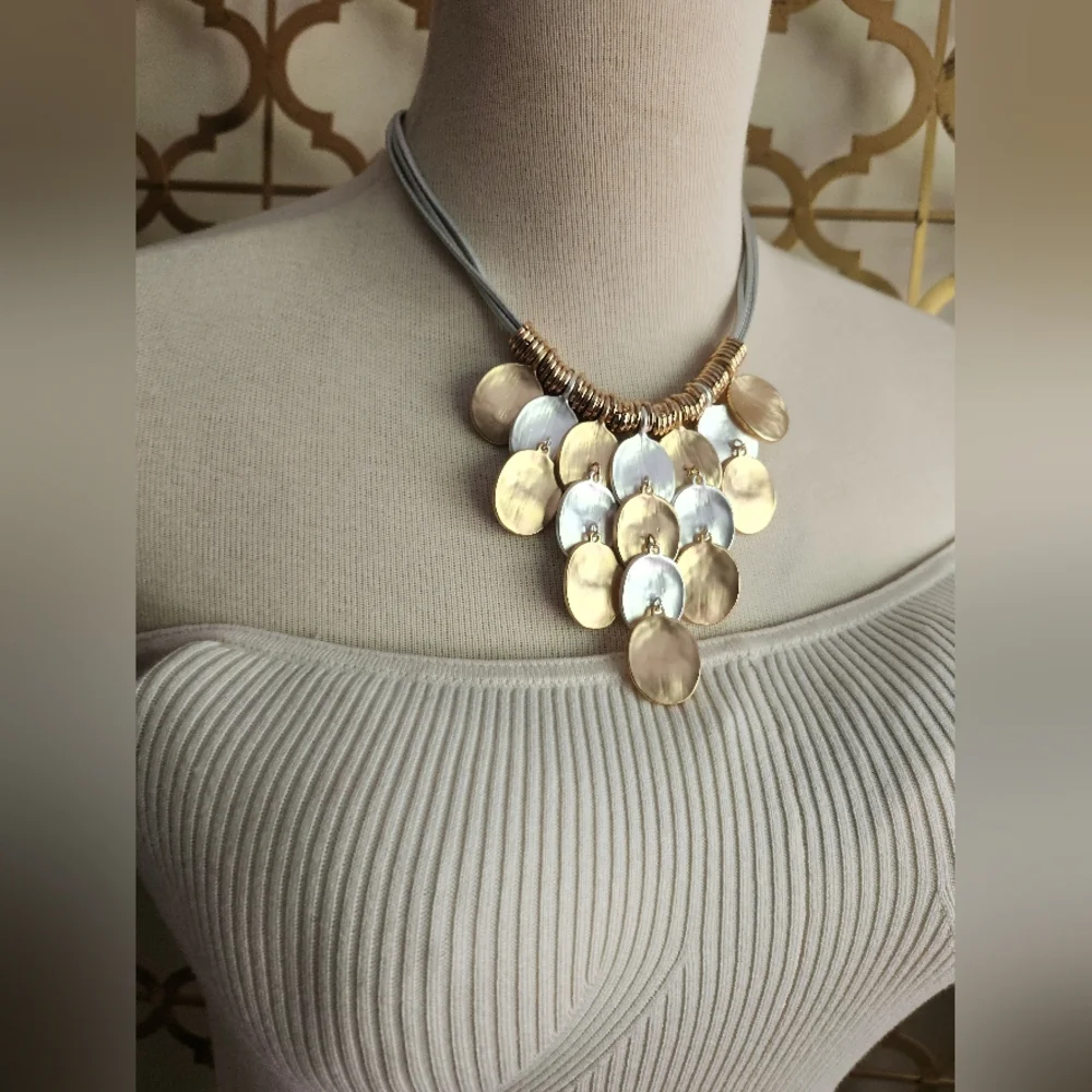 💛Goldtone and Silvertone🤍 Disc Statement Piece w/ Silvertone Cord Necklace - Picture 13 of 16